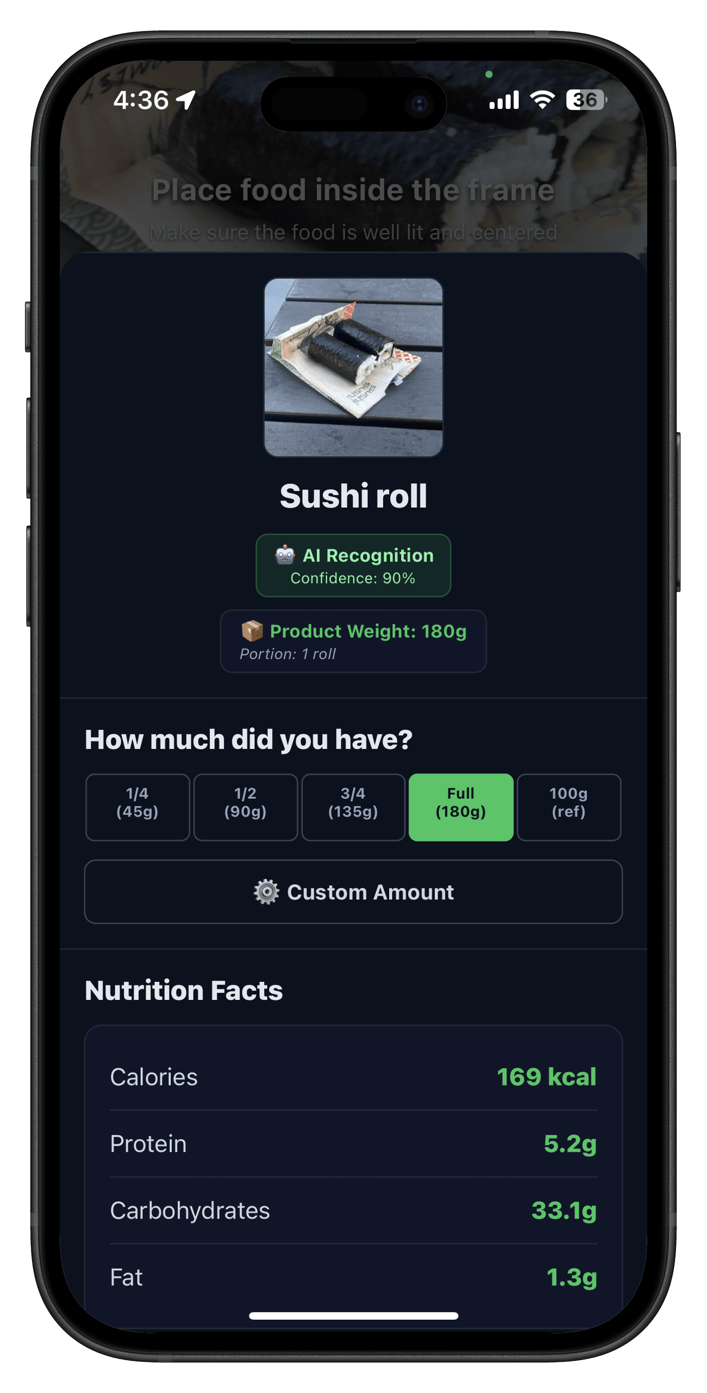 NutriChef results screen showing an identified dish with AI confidence, portion presets, and nutrition facts