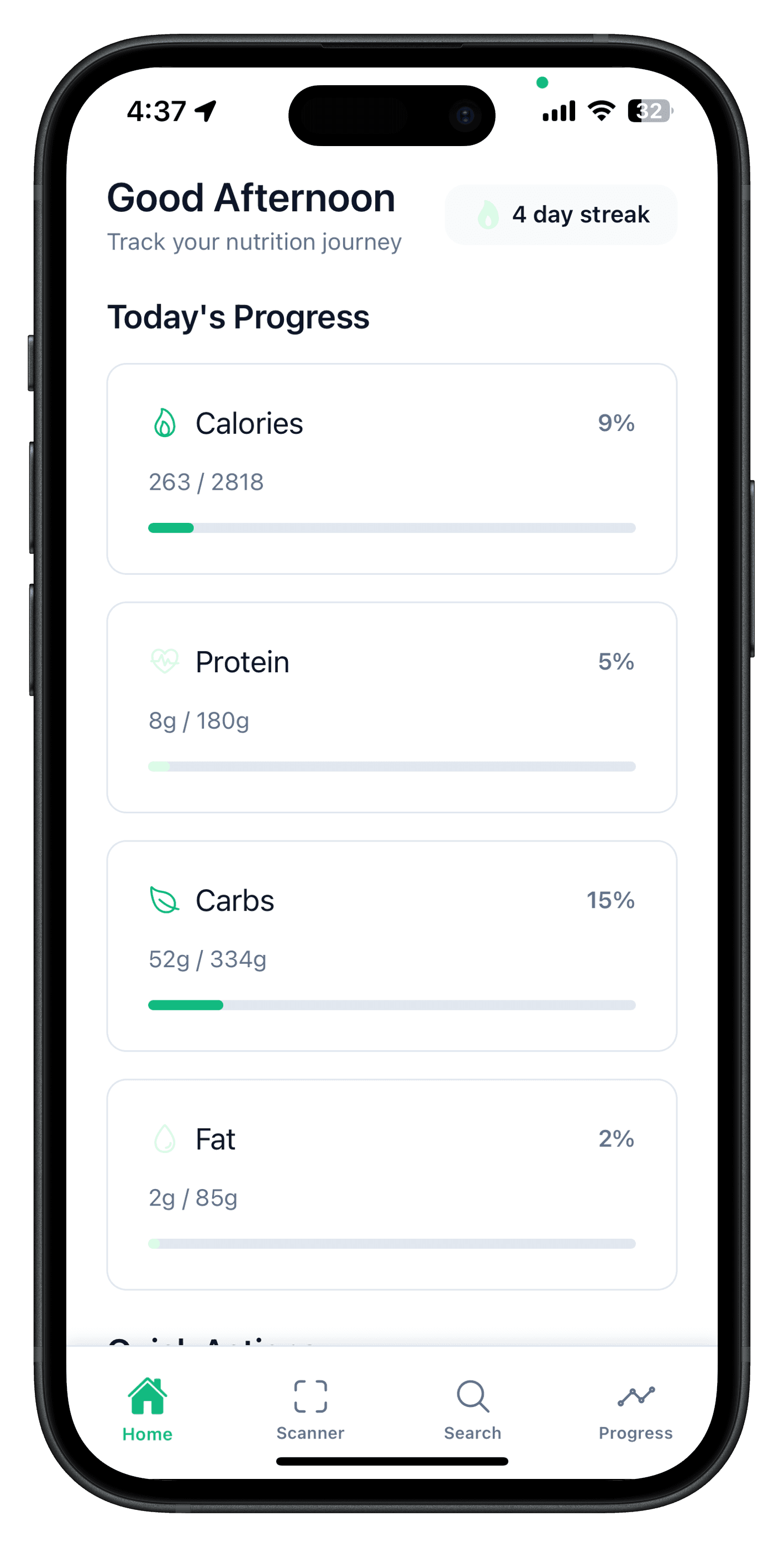 NutriChef home screen with updated daily progress bars after logging a meal