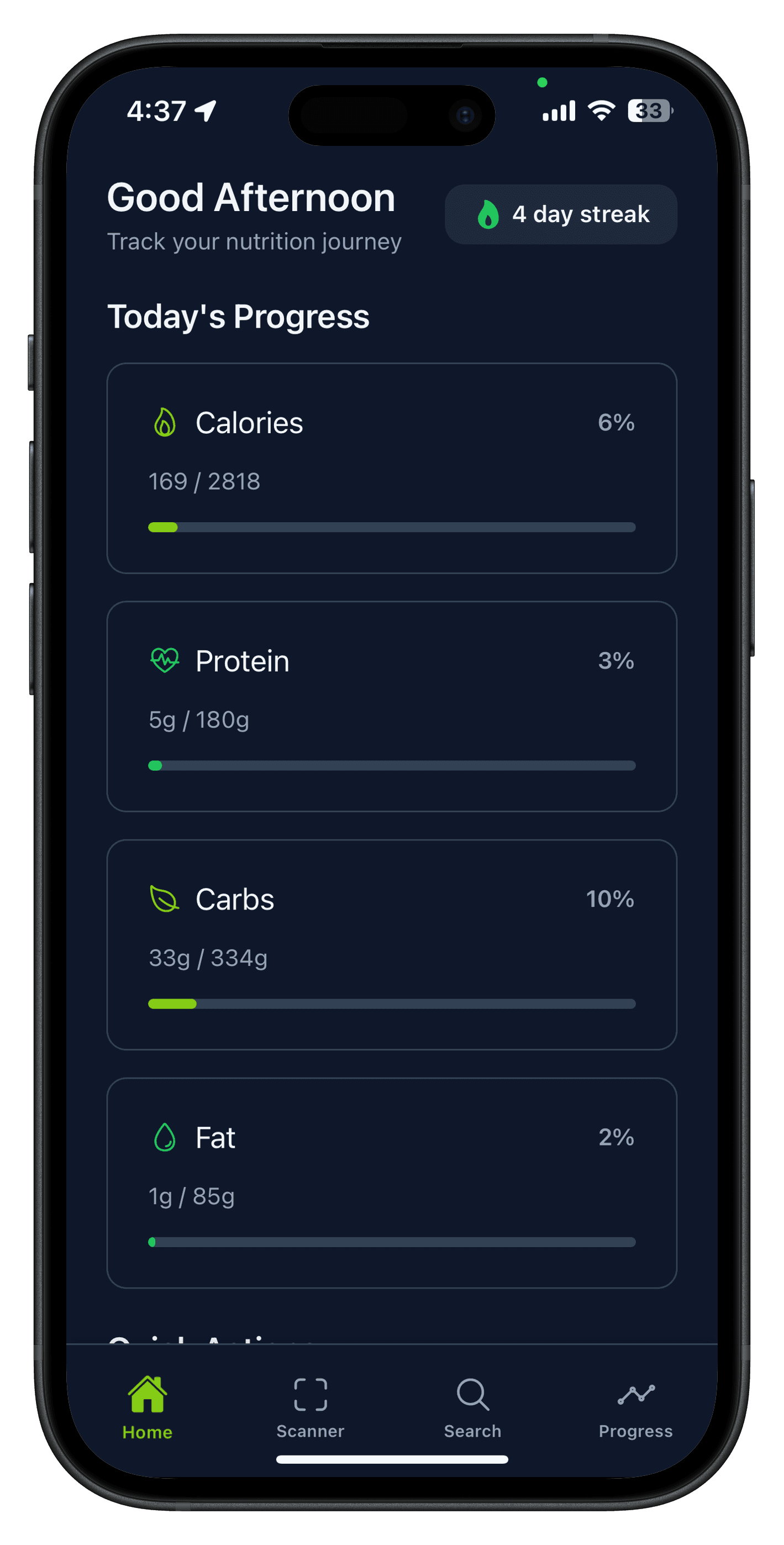 Indian food tracker app screenshot — Homepage - Track Your Progress